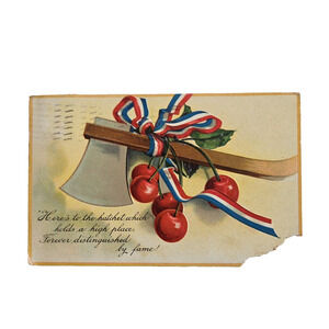 Antique Patriotic Postcard Cherries Ribbon Hatchet Ax New York USA Vintage 1910